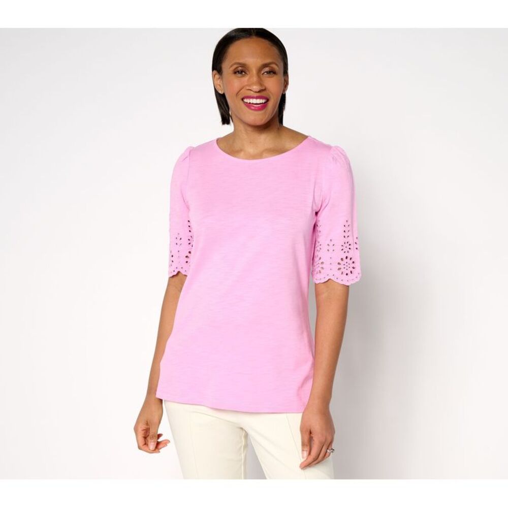 Gloria Vanderbilt Women's Top Sz L Slub Knit Scallop Sleeve Boatneck Pink